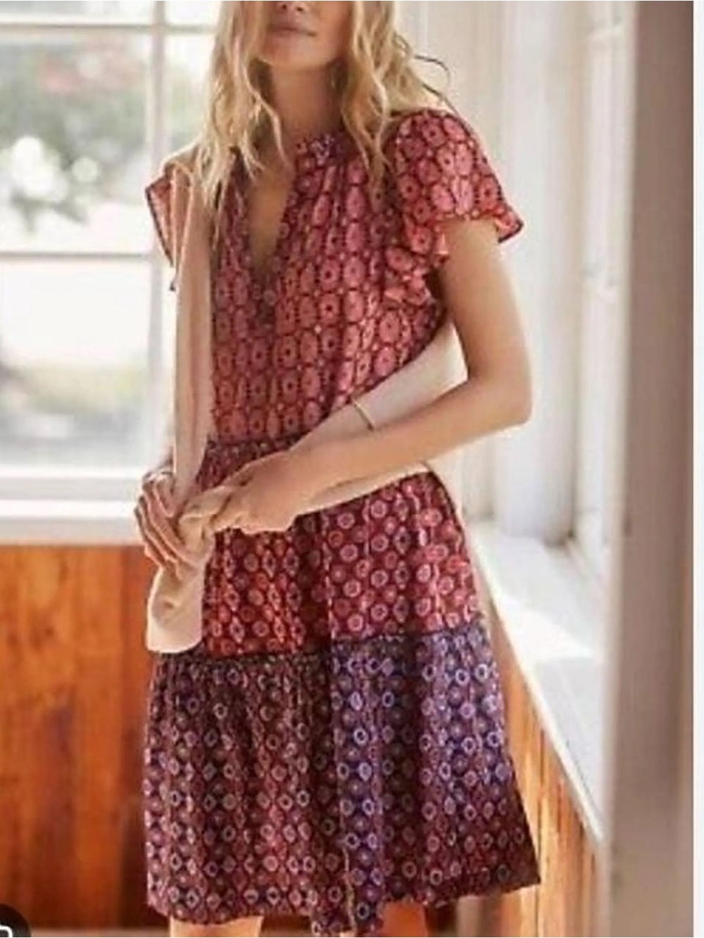Anthropologie Floral Tiered Short-Sleeve Midi Dress - Red XL boho - Picture 1 of 10